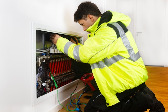 A professional electrician performing precision technical maintenance on an indoor electrical/heating station.